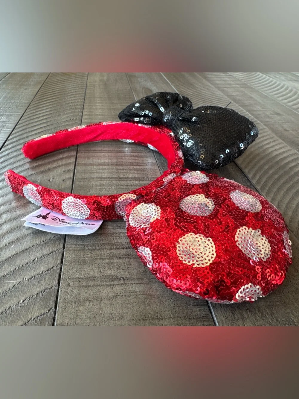 Disney Parks Minnie Mouse Ears Headband Red/White/Black Sequin Minnie Ears